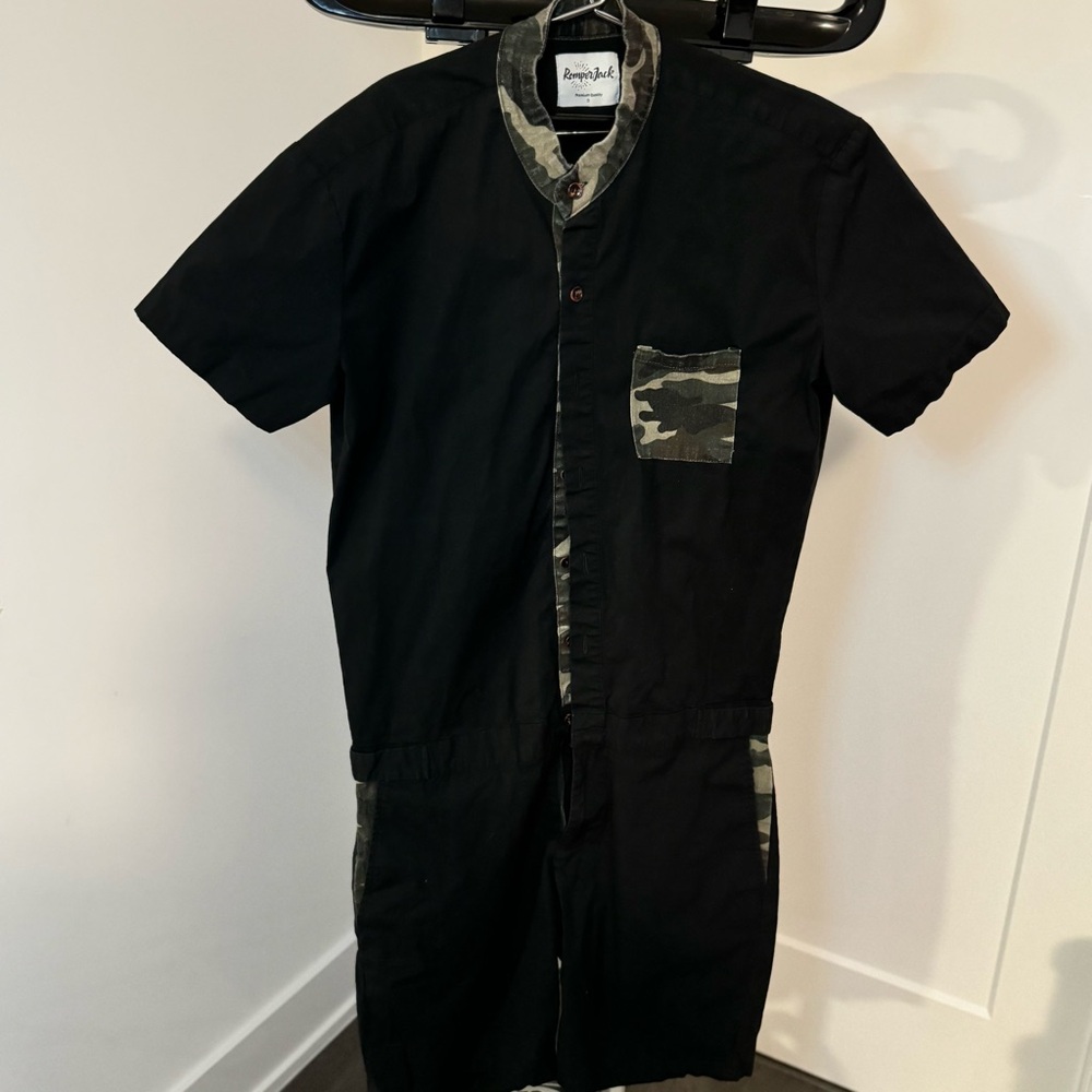 Black short sleeve men romper with a touch of camo (size: small)